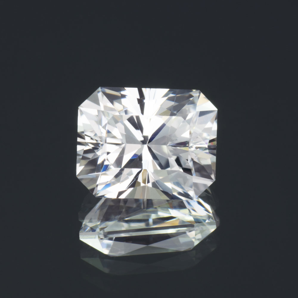 An image of a radiant cut white lab-created sapphire.