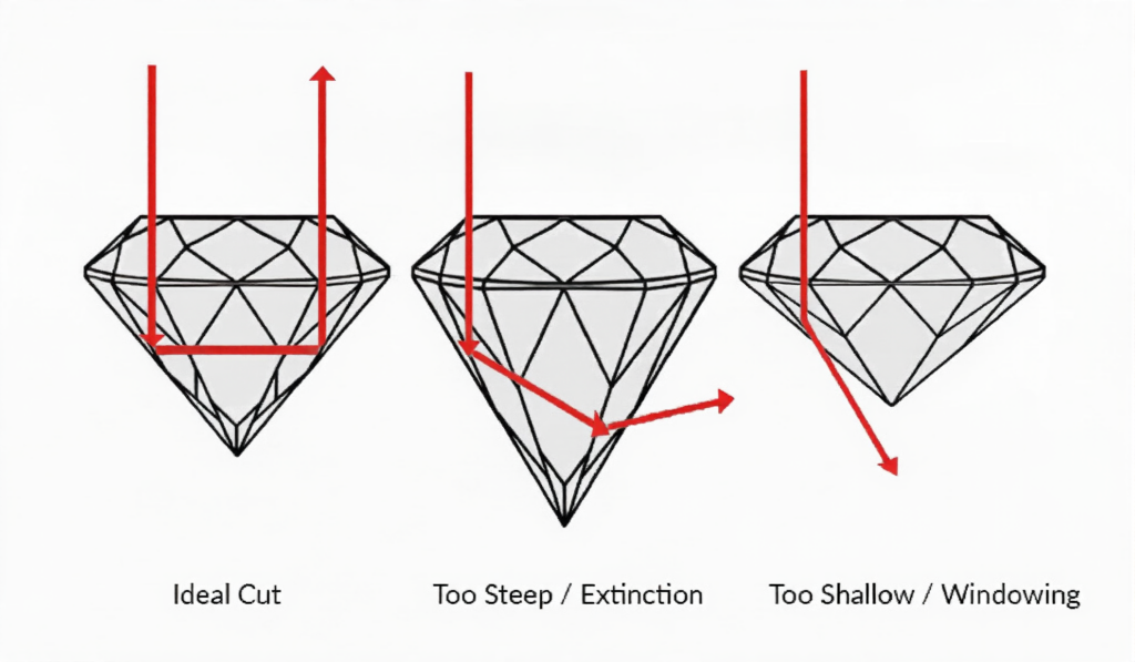 A diagram showing the importance of critical angle in gemstone cutting.