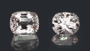 A before and after image of a morganite that was recut.